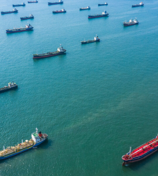 Aerial view oil and gas chemical tanker in open sea, Refinery Industry cargo ship.